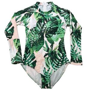 Long Sleeve Swimsuit/Rash Guard, monstera print, size XL, cups in bodice.
